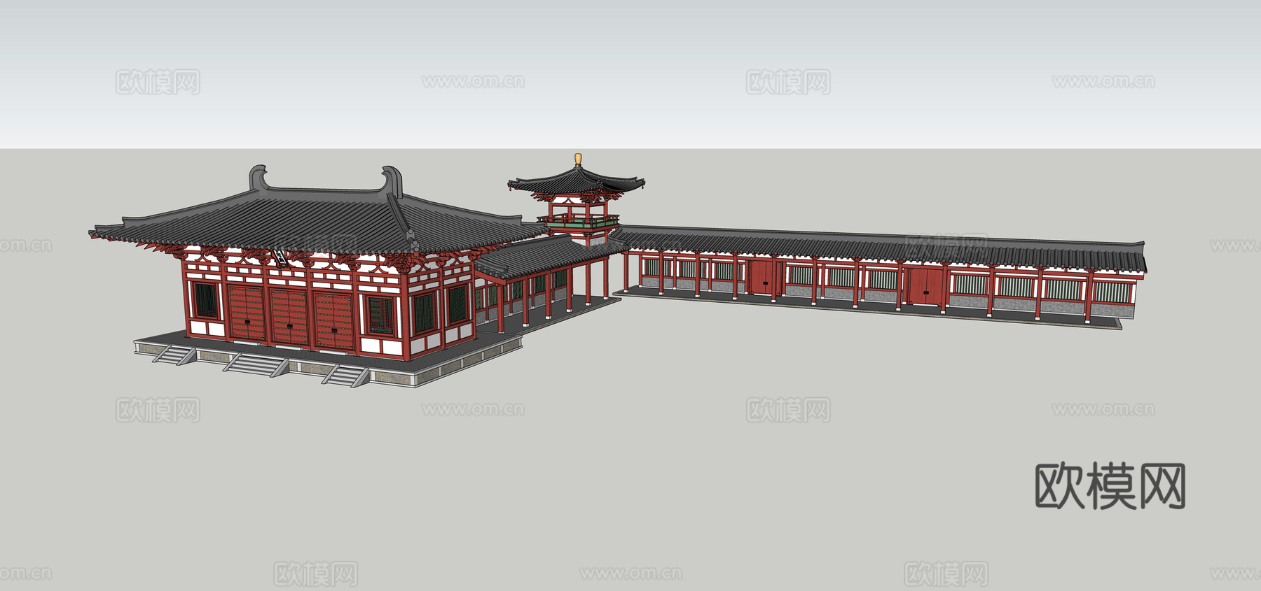 中式连廊古建外观su模型下载