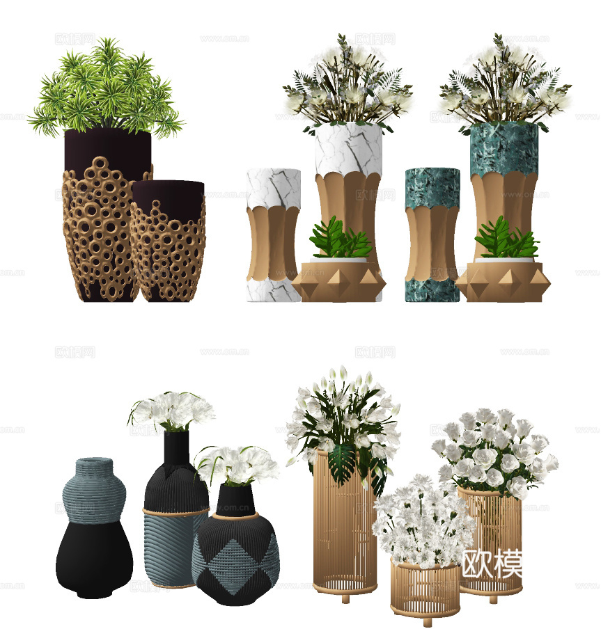 现代花艺花瓶插花su模型下载