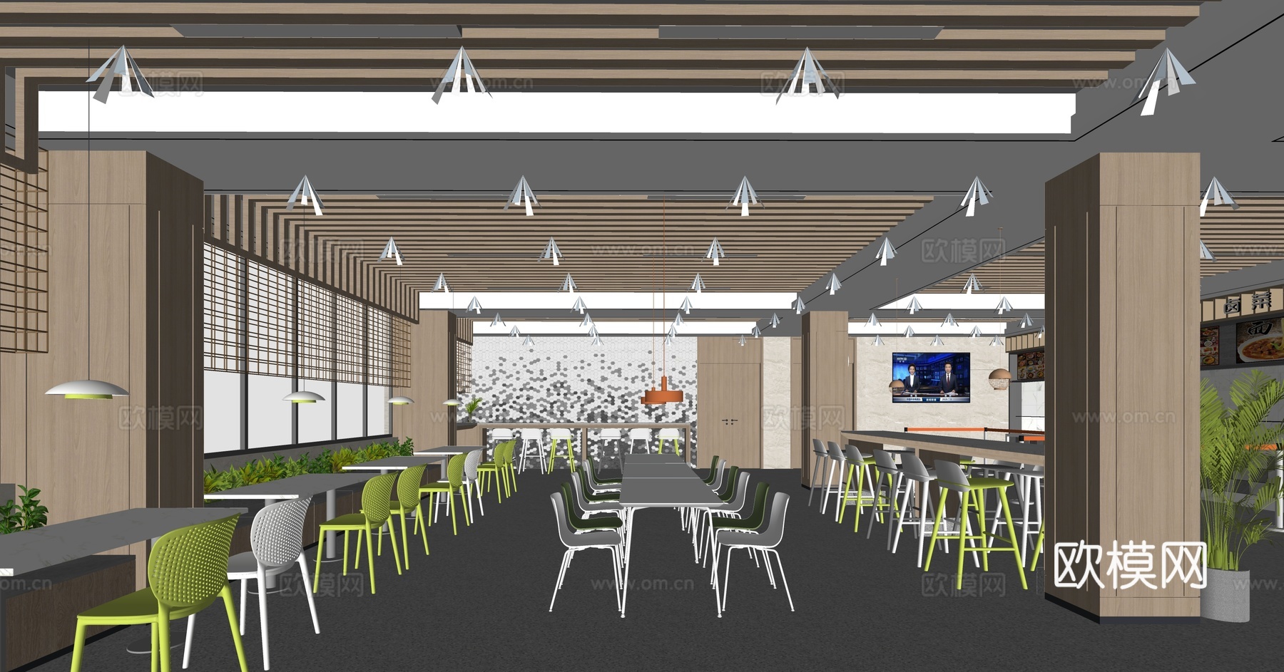 现代食堂员工餐厅su模型下载