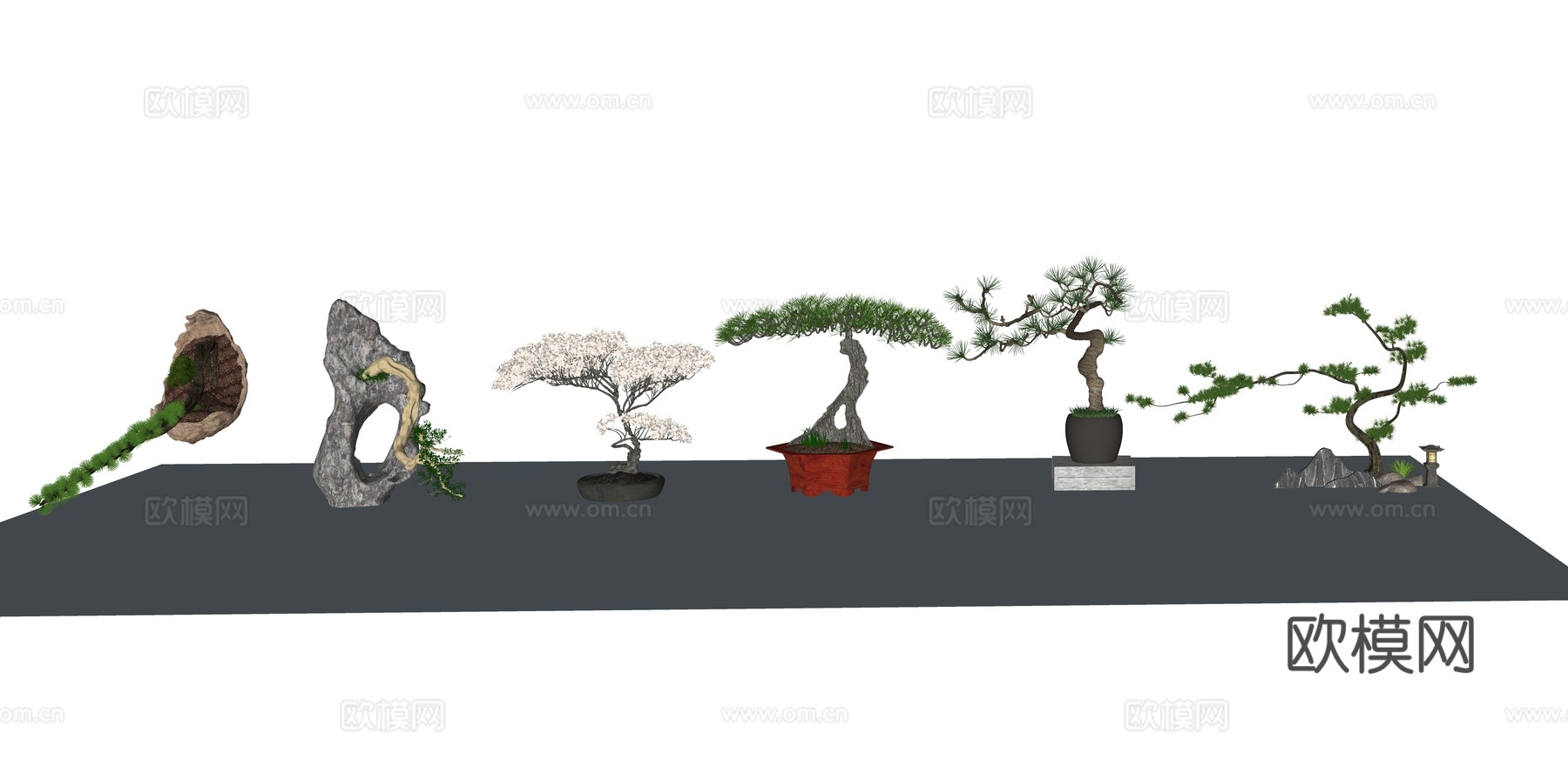 新中式松树盆景盆栽su模型下载