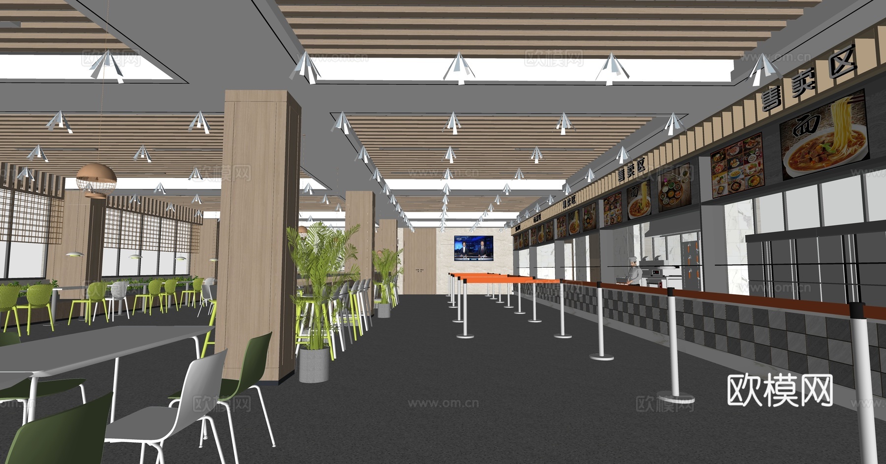 现代食堂员工餐厅su模型下载