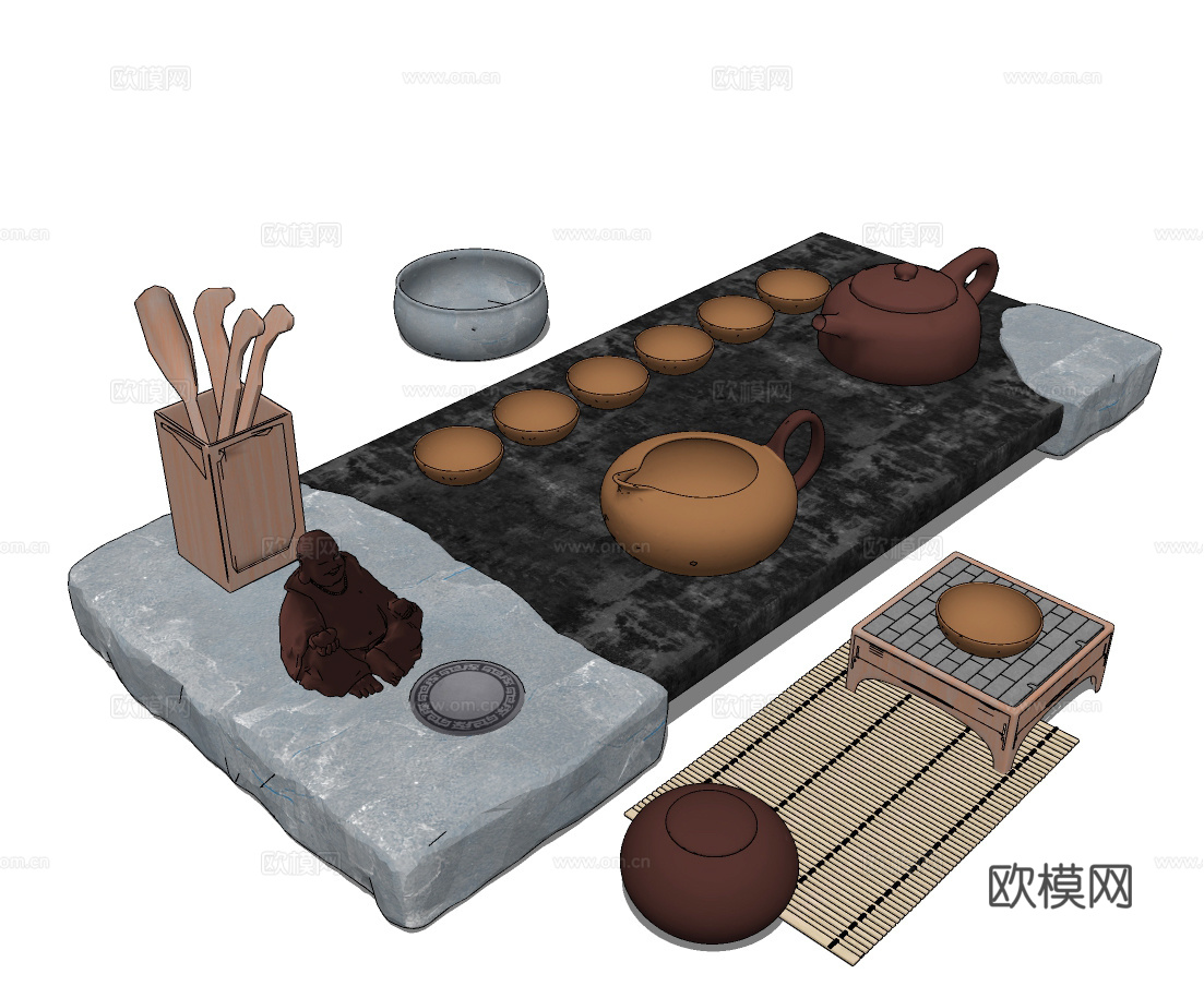 新中式茶具茶盘su模型下载