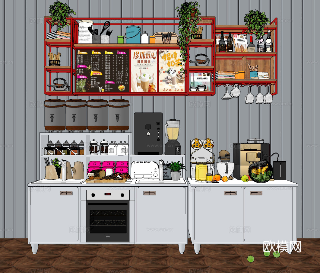 现代奶茶店操作台su模型下载