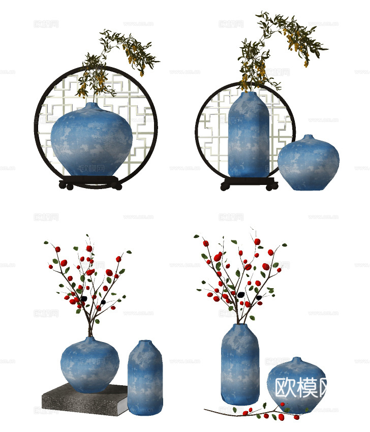 新中式陶瓷花瓶插花su模型下载