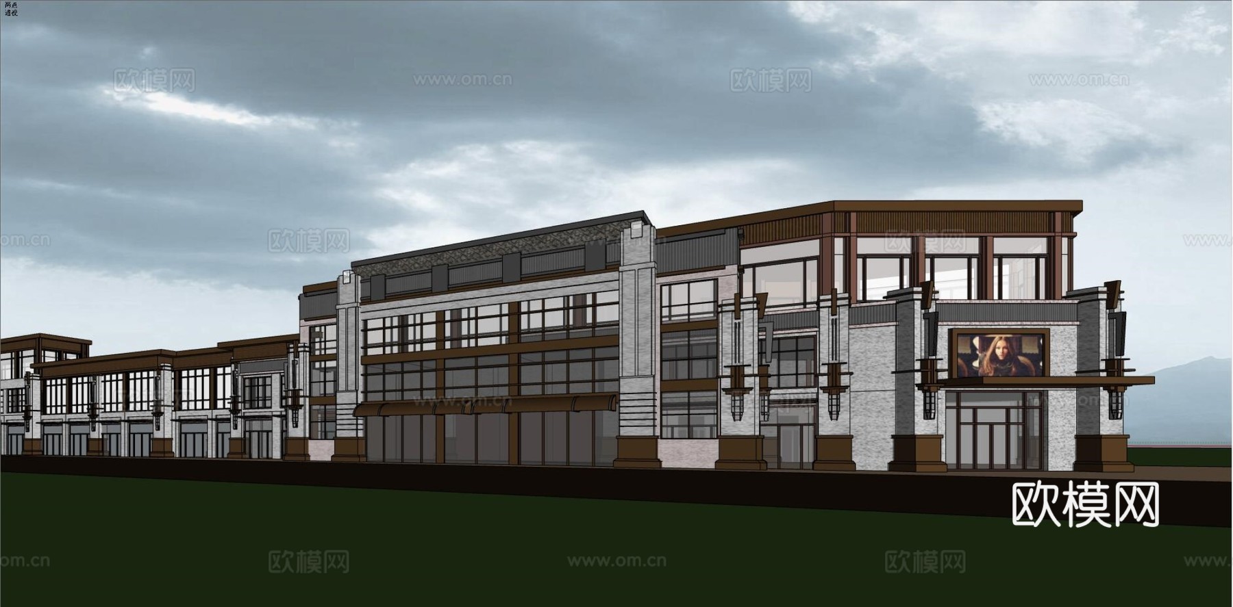 新中式商业建筑外观su模型下载