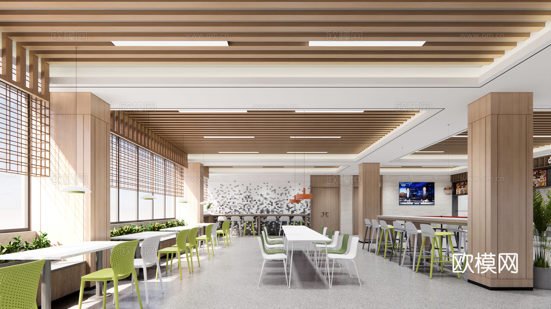 现代食堂员工餐厅su模型下载