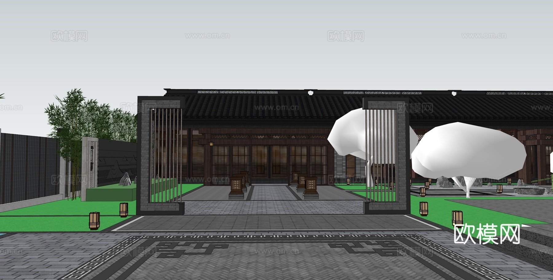 新中式古建外观su模型下载