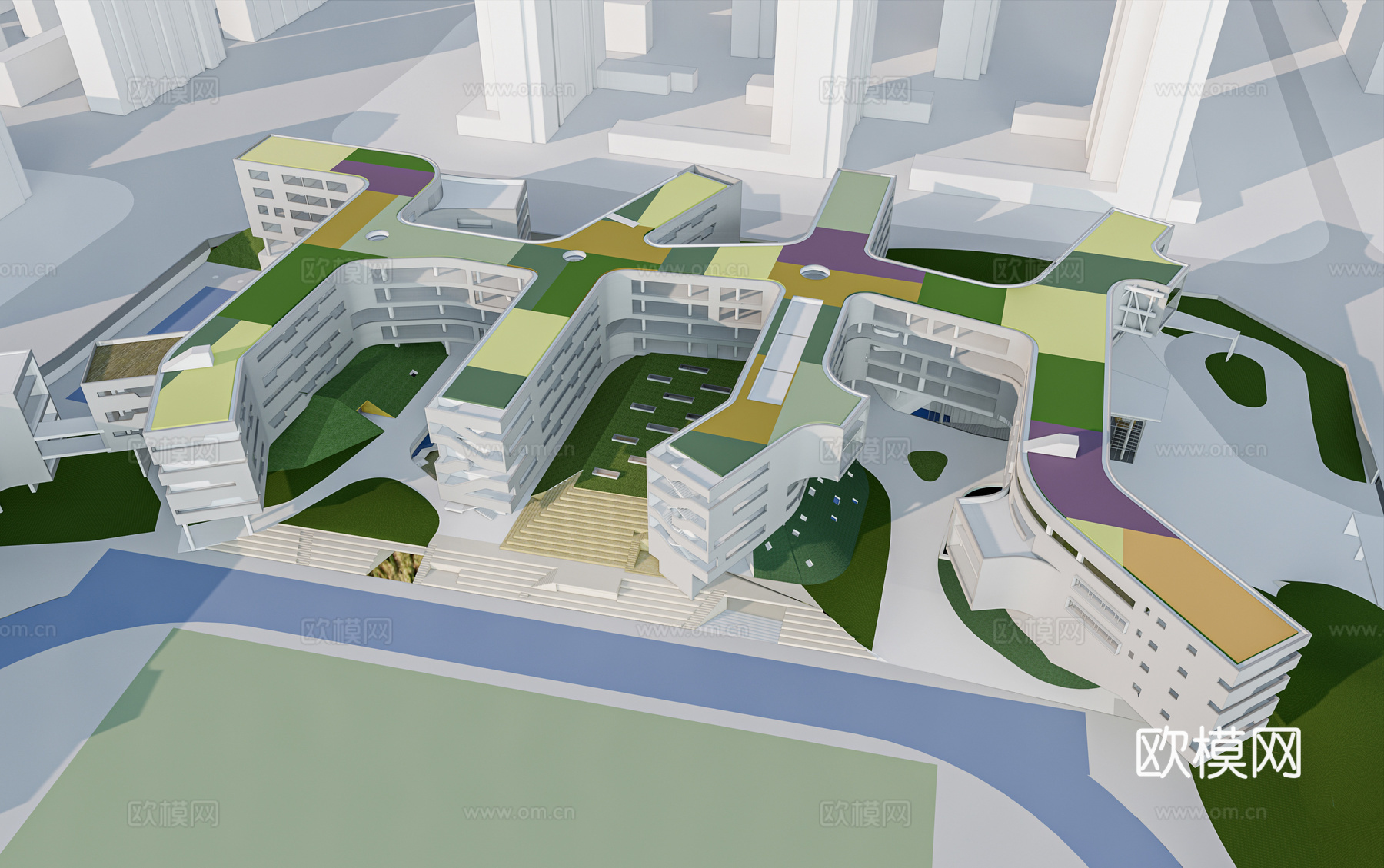 现代学校教学楼建筑外观su模型下载