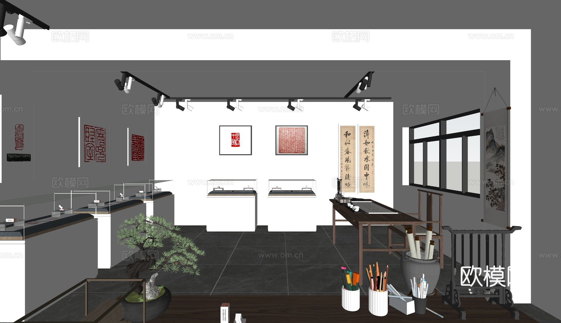 新中式书法篆刻展厅su模型下载
