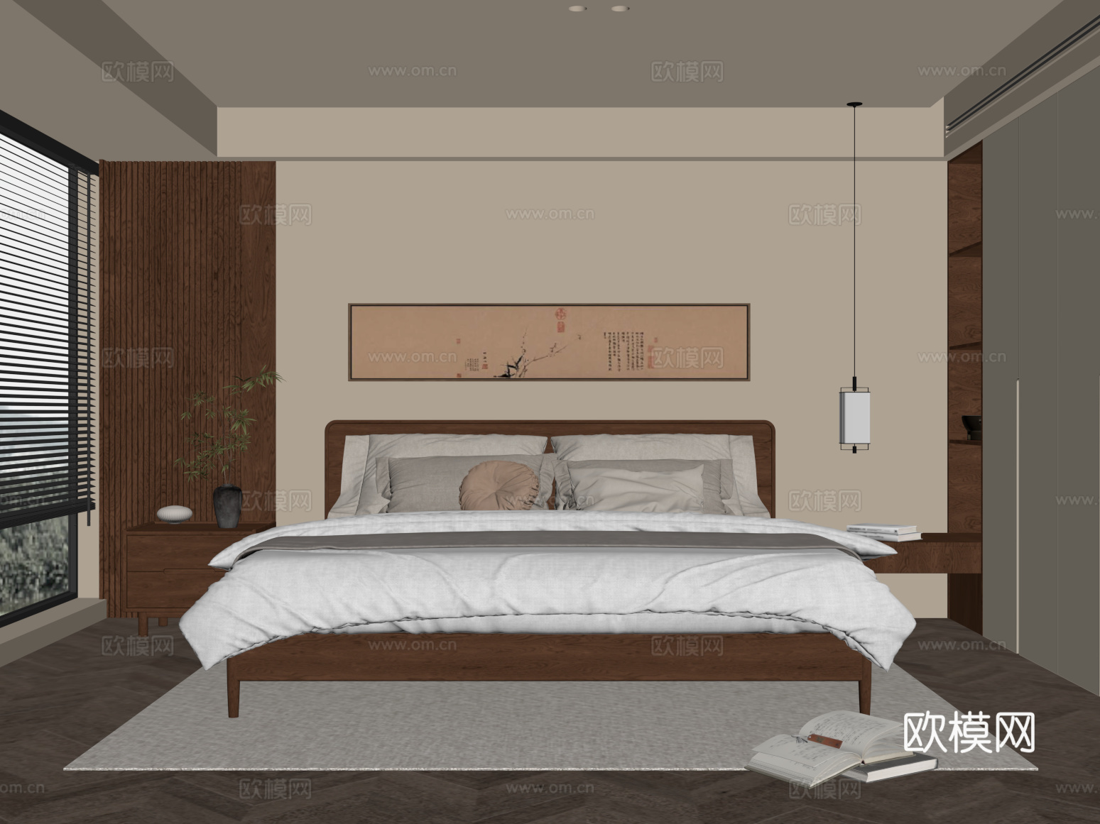 08宋式卧室 双人床 新中式卧室su模型