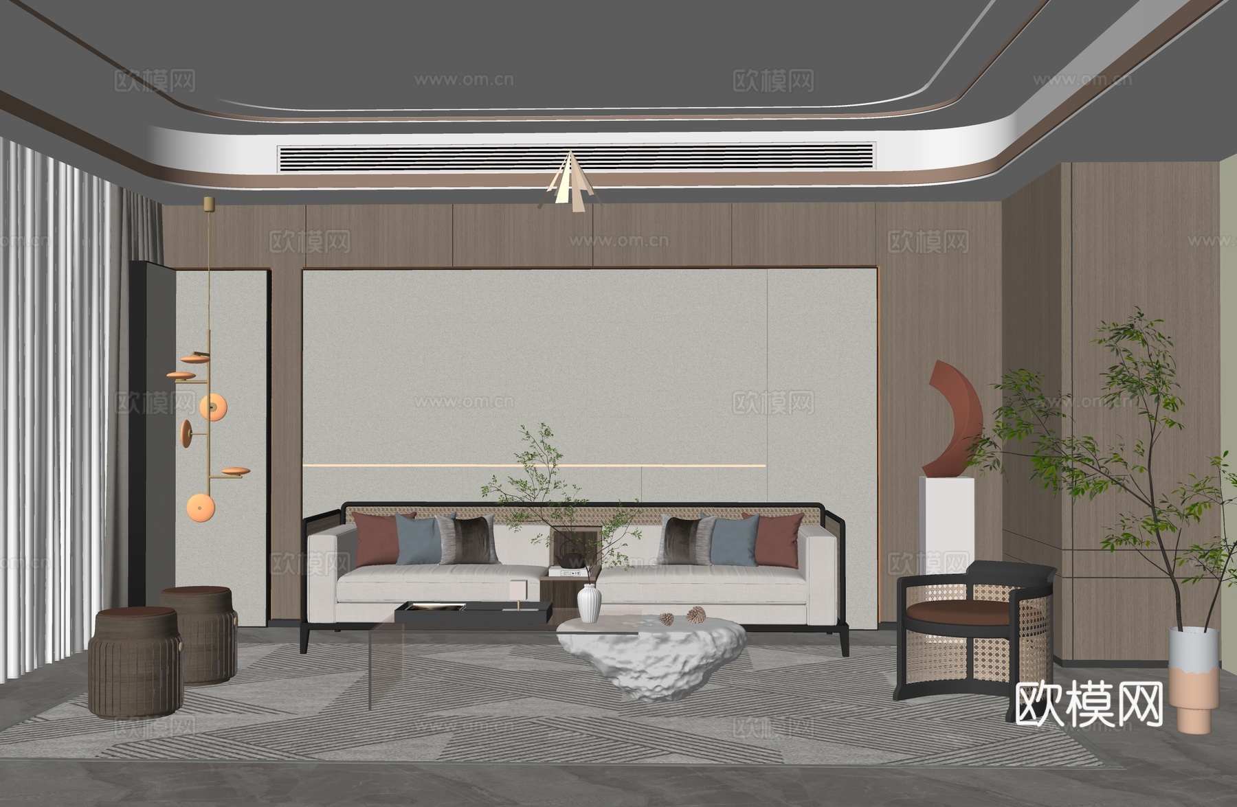 新中式客厅su模型下载