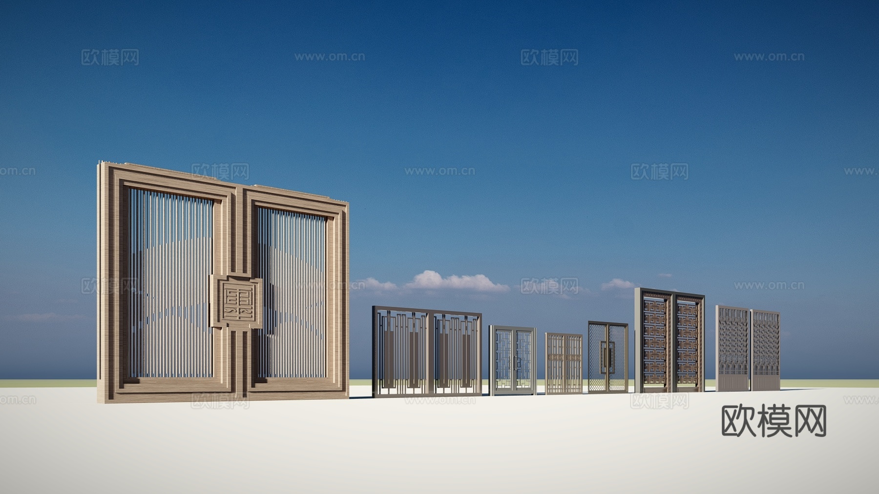 新中式入户门格栅门su模型下载