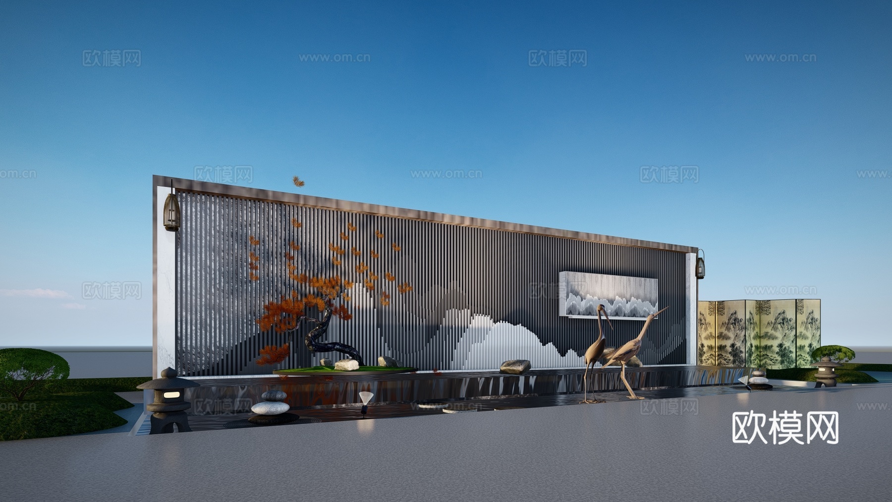 新中式景观墙景观小品su模型下载