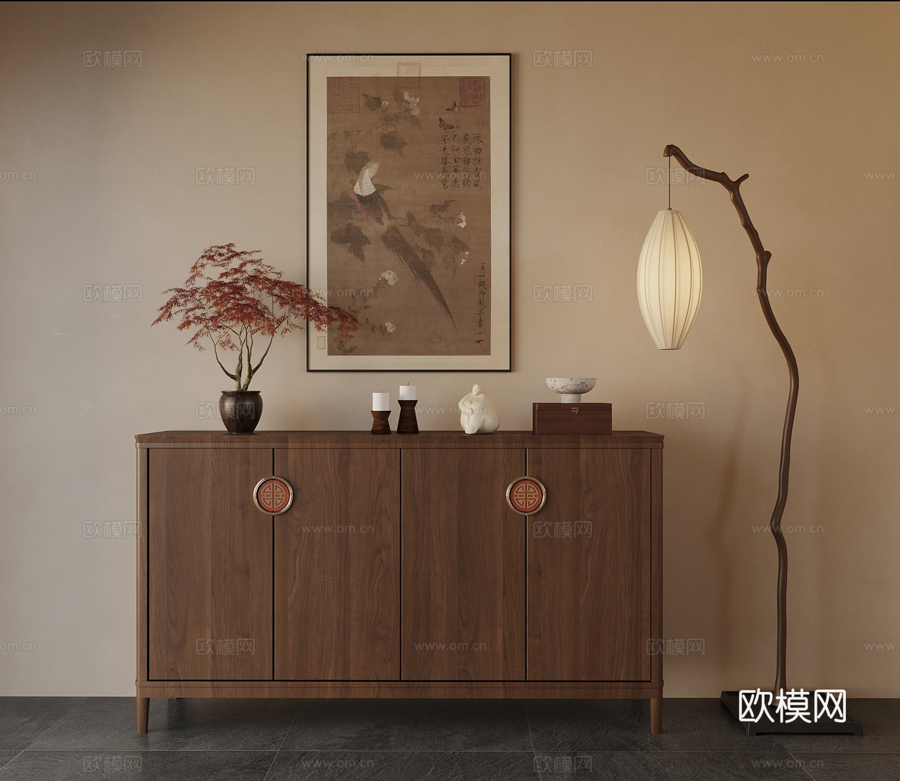 01新中式边柜 装饰柜 玄关柜 落地灯 吊灯 装饰画3d模型