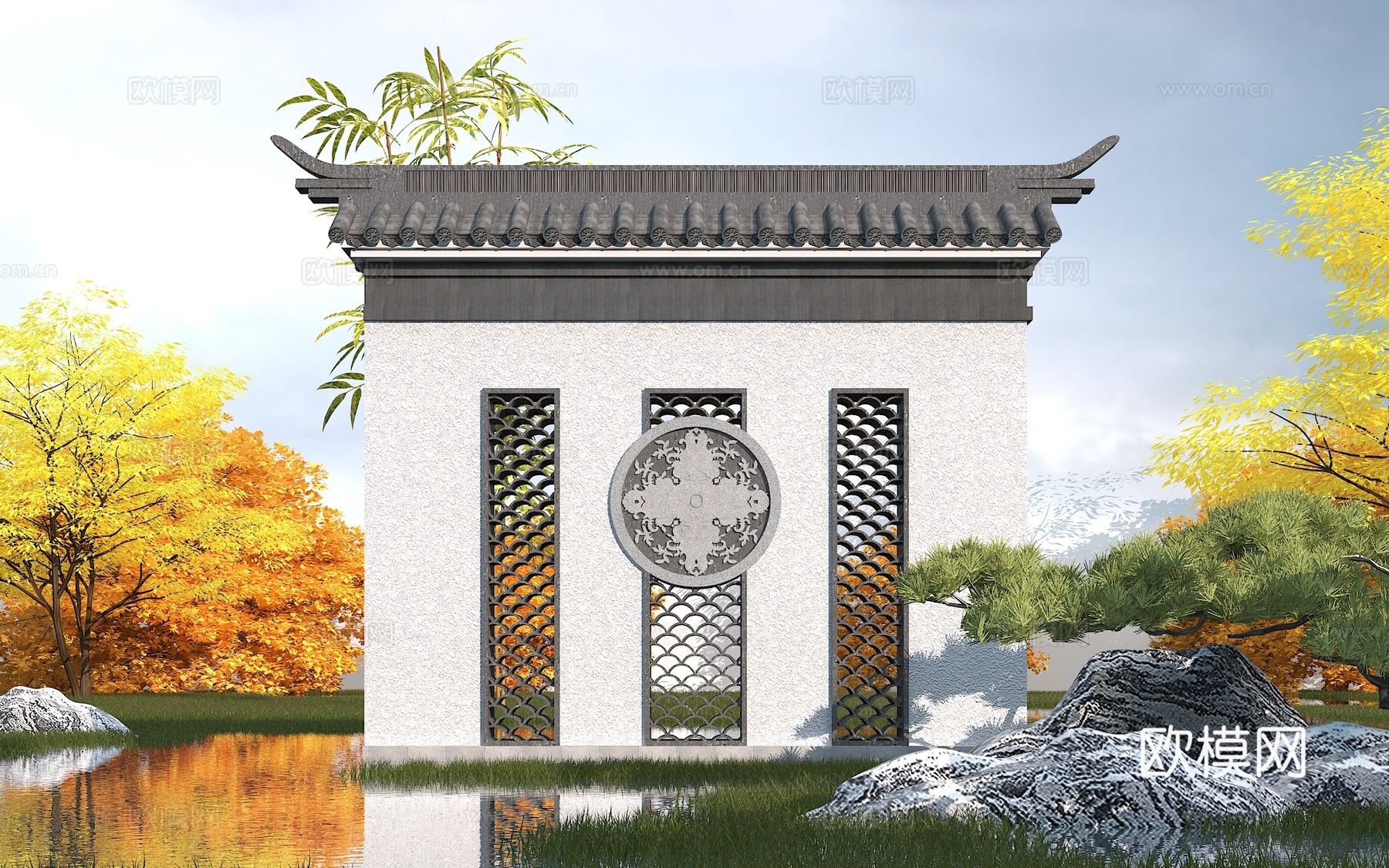 中式景墙园艺小品su模型下载