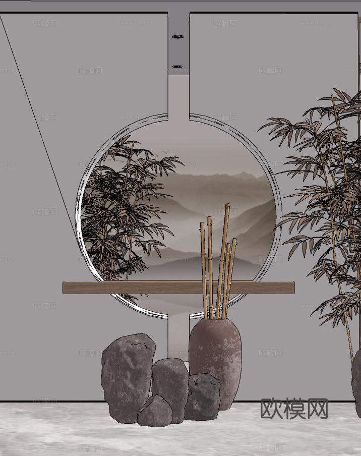 新中式侘寂端景条案su模型下载