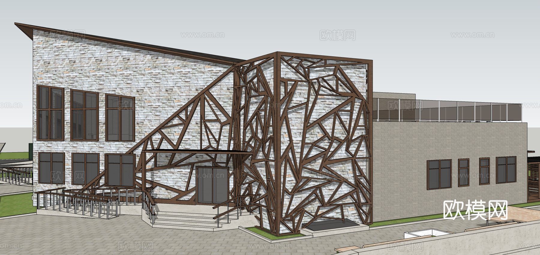 新中式博物馆建筑外观su模型下载