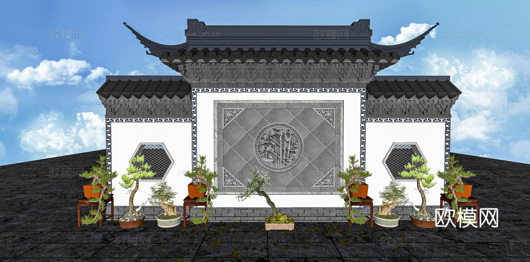 中式古建照壁景墙su模型下载