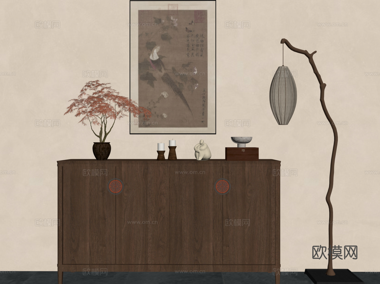 01新中式边柜 装饰柜 玄关柜 落地灯 吊灯 装饰画su模型