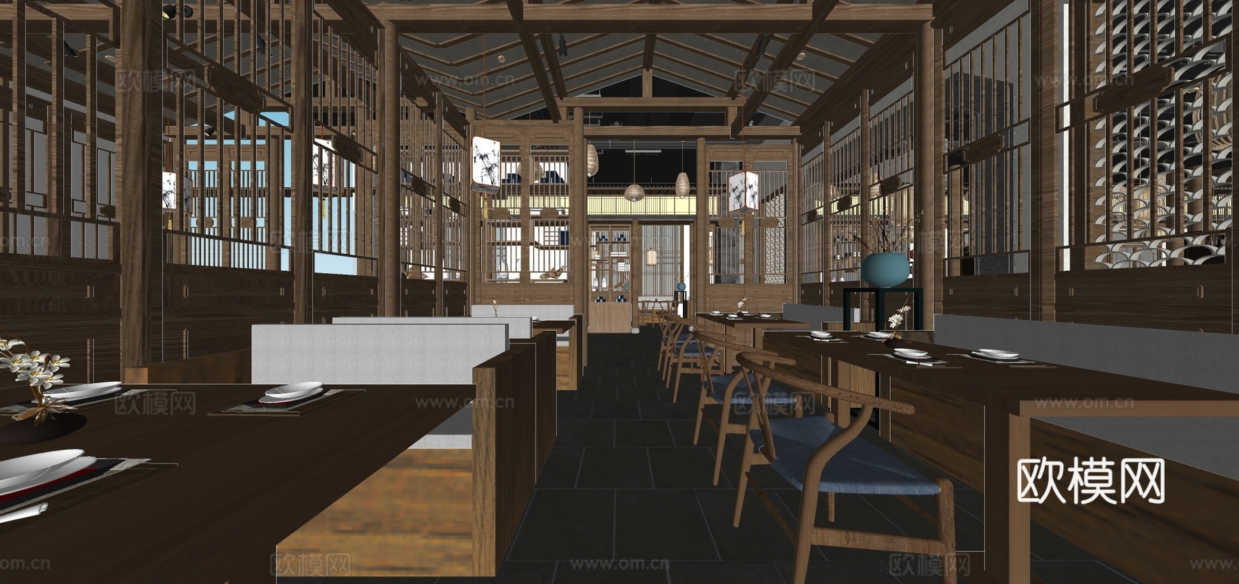 新中式中餐厅su模型下载
