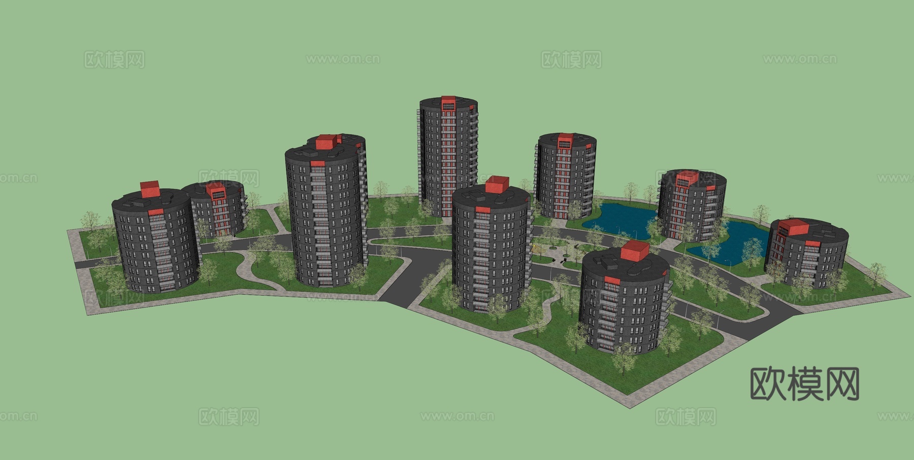 现代办公园建筑外观su模型下载
