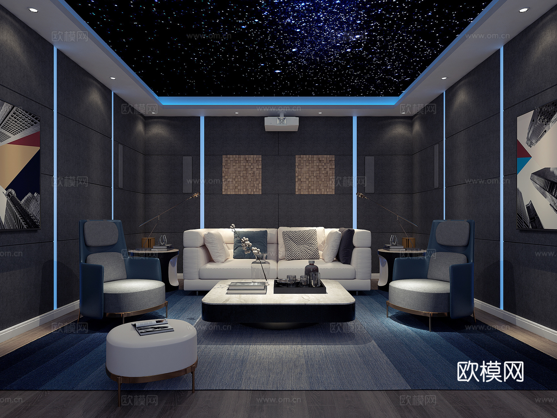 现代影音室 沙发茶几组合 投影3d模型