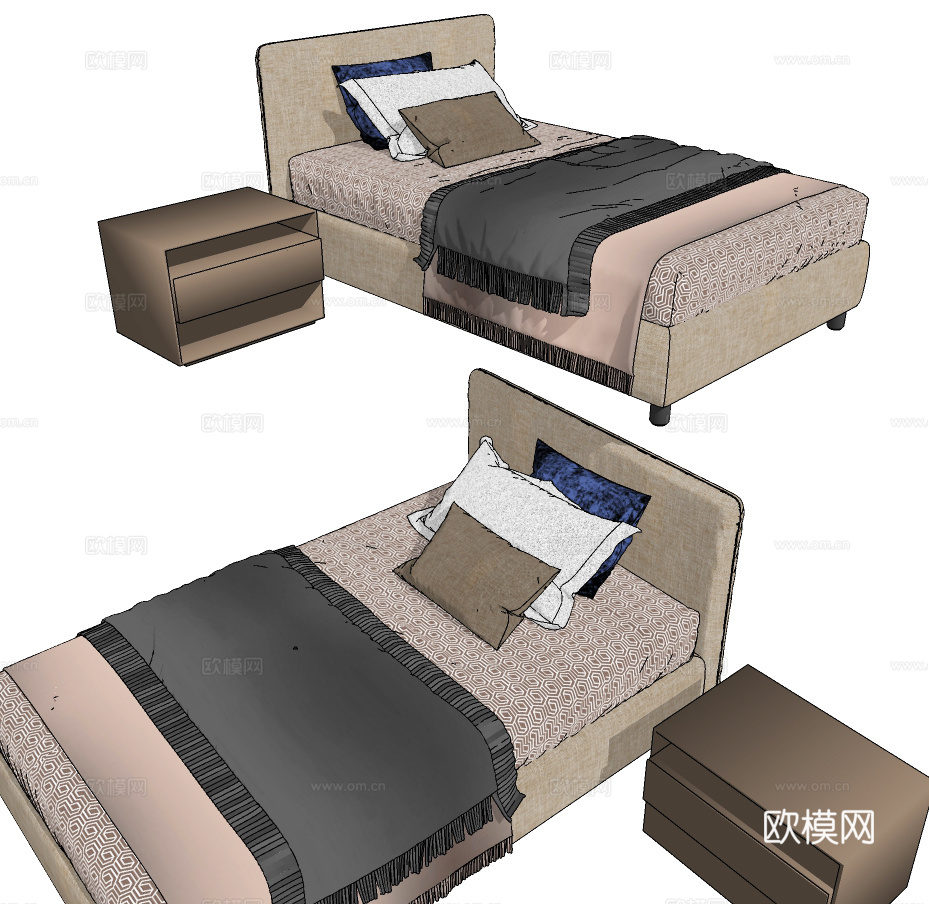现代布艺单人床su模型下载