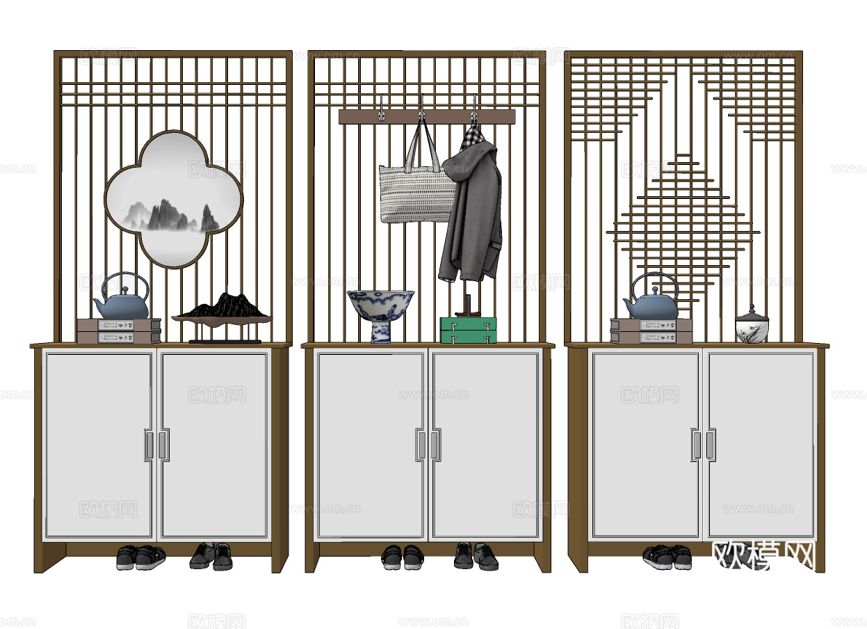 新中式入户屏风鞋柜su模型下载
