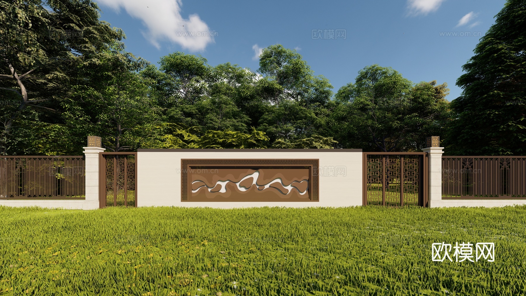 新中式入口大门围墙景墙su模型下载