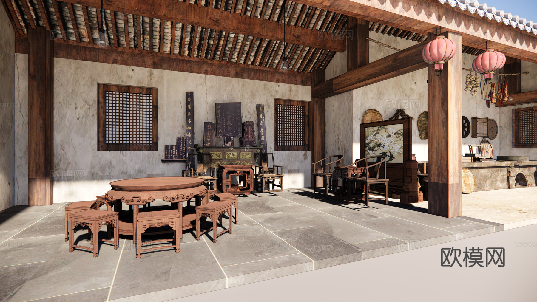 中式古建民居厨房su模型下载