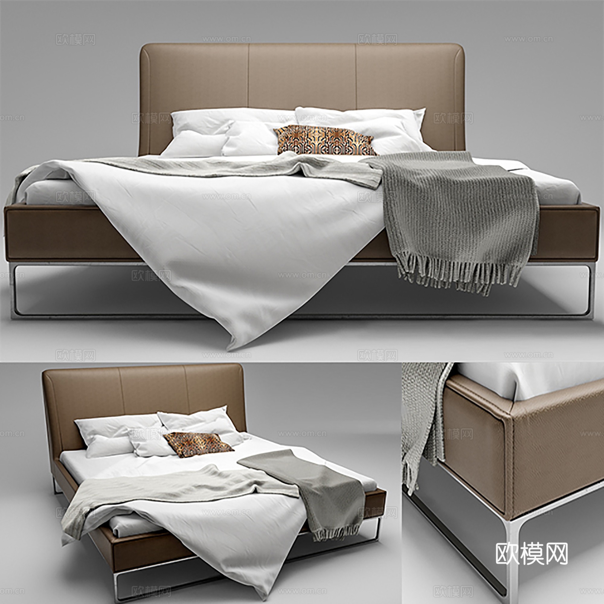 现代双人床 皮革床 床上用品3d模型