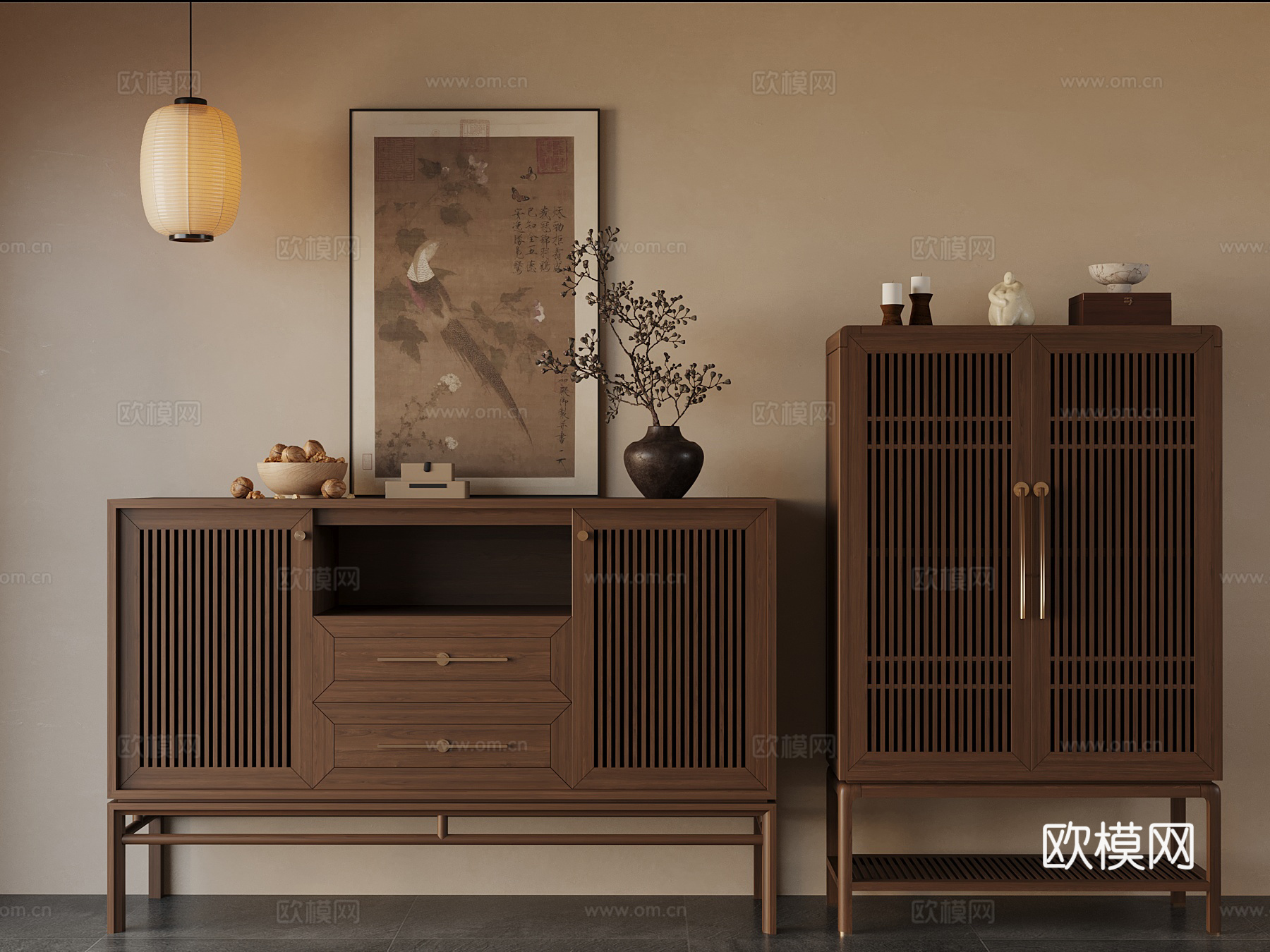 04新中式边柜 装饰柜 玄关柜 落地灯 吊灯 装饰画3d模型