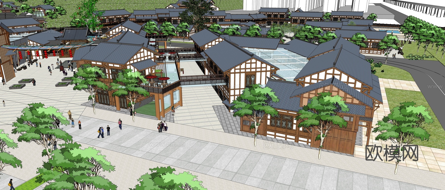 新中式古建商业街su模型下载