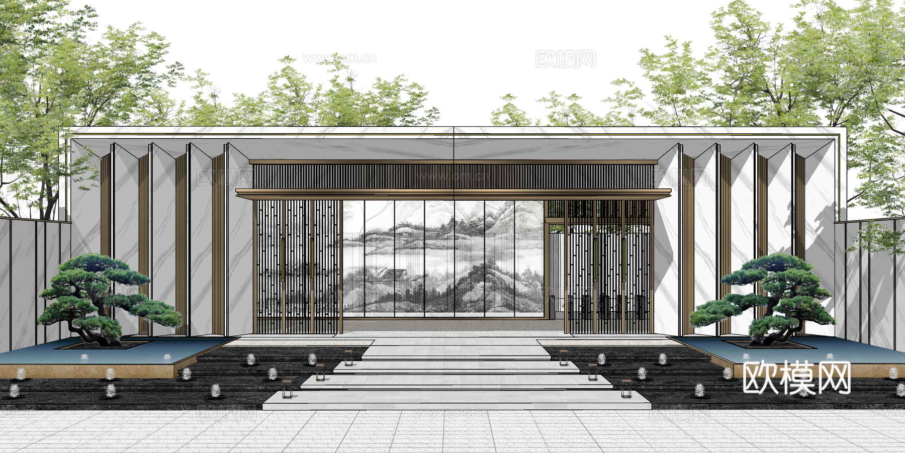 新中式小区入口大门su模型下载