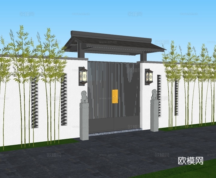 新中式大门庭院门su模型下载