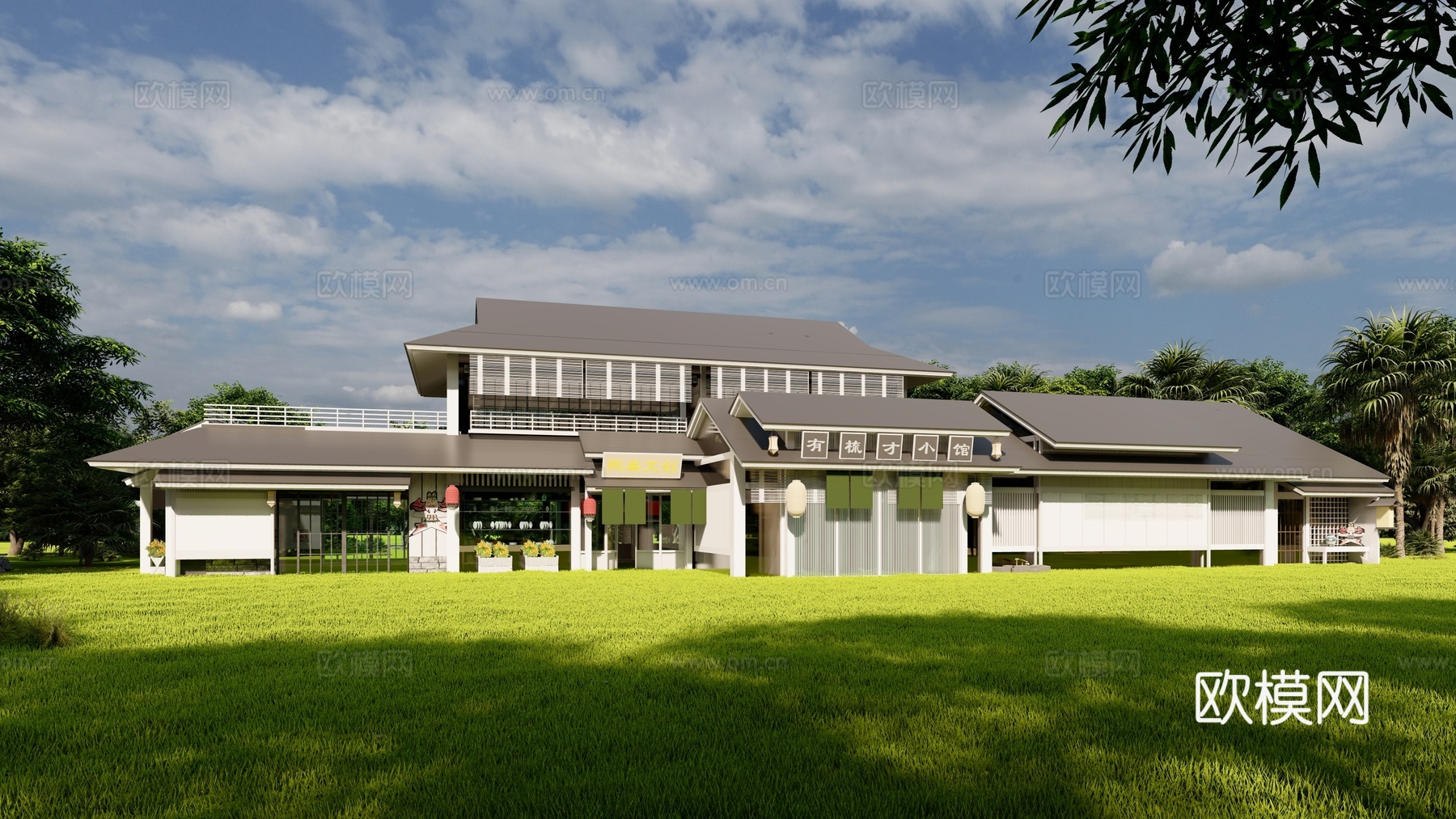 新中式商铺建筑外观su模型下载