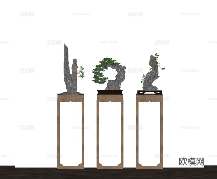新中式石头盆景盆栽su模型下载