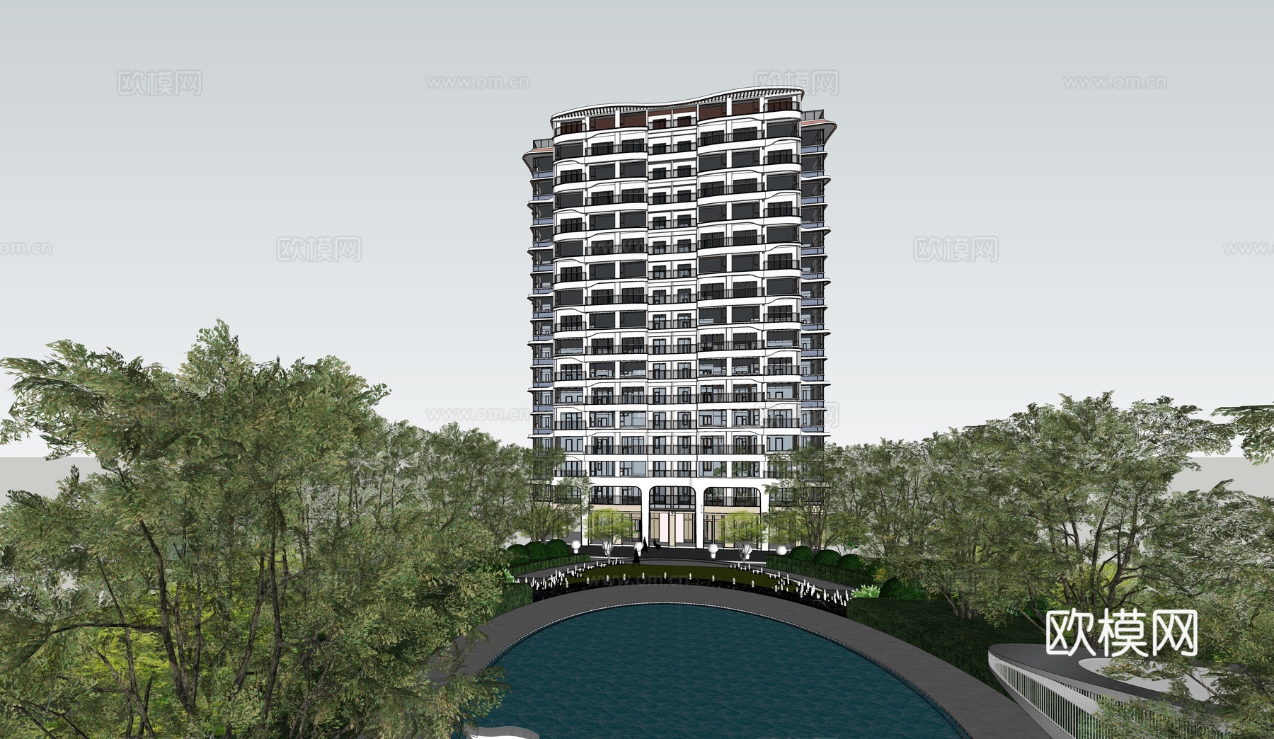 现代高层住宅楼建筑外观su模型下载