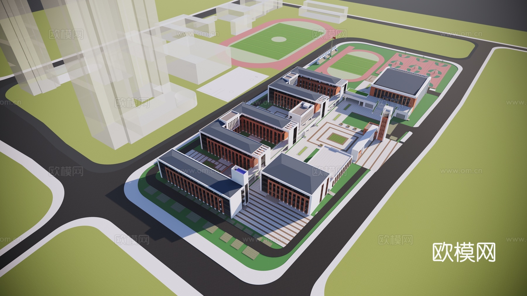 现代学校建筑外观su模型下载