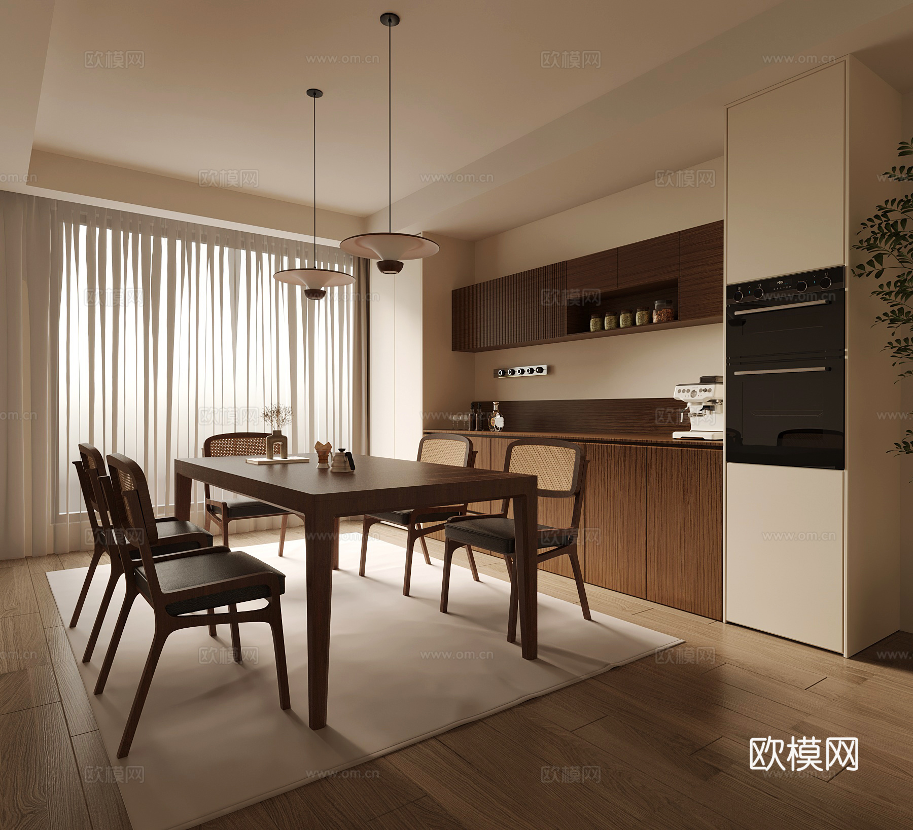 12现代中古风餐厅 酒柜 餐桌椅3d模型