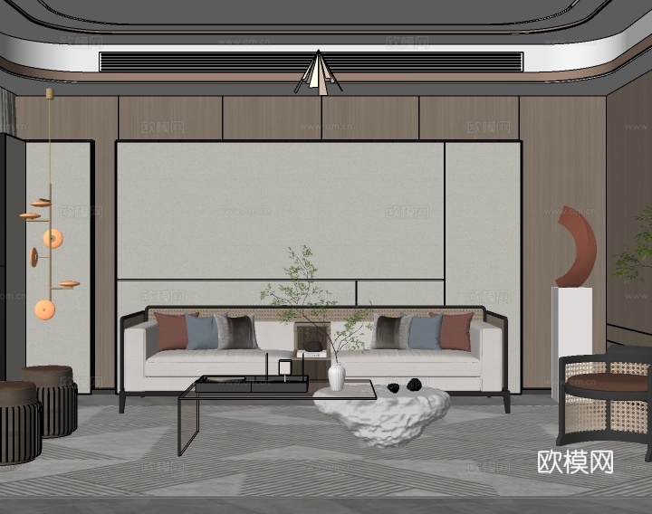新中式客厅su模型下载