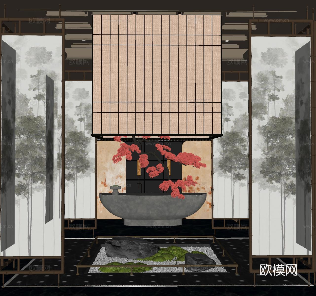 新中式大堂 酒店大堂 前台接待  植物造景 植物装置 屏风隔su模型