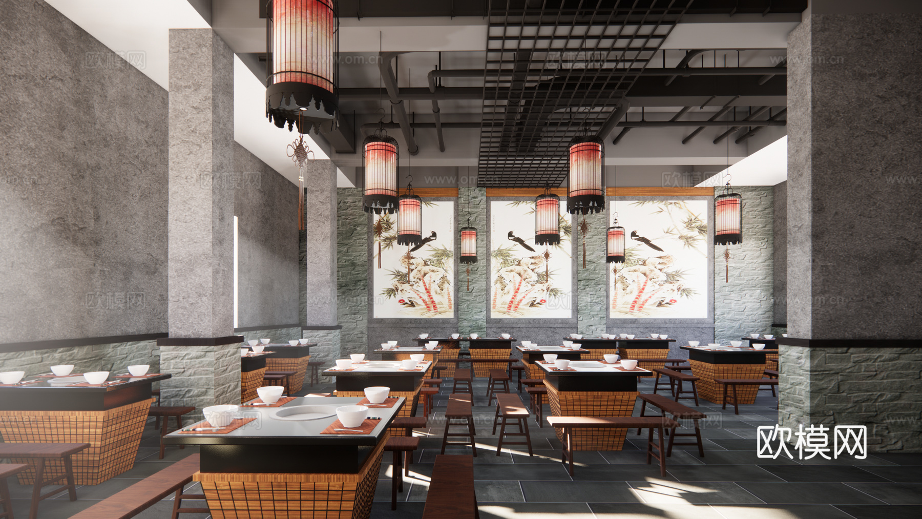 新中式中餐厅su模型下载