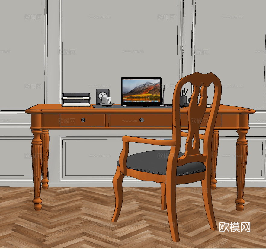 美式实木书桌椅su模型下载