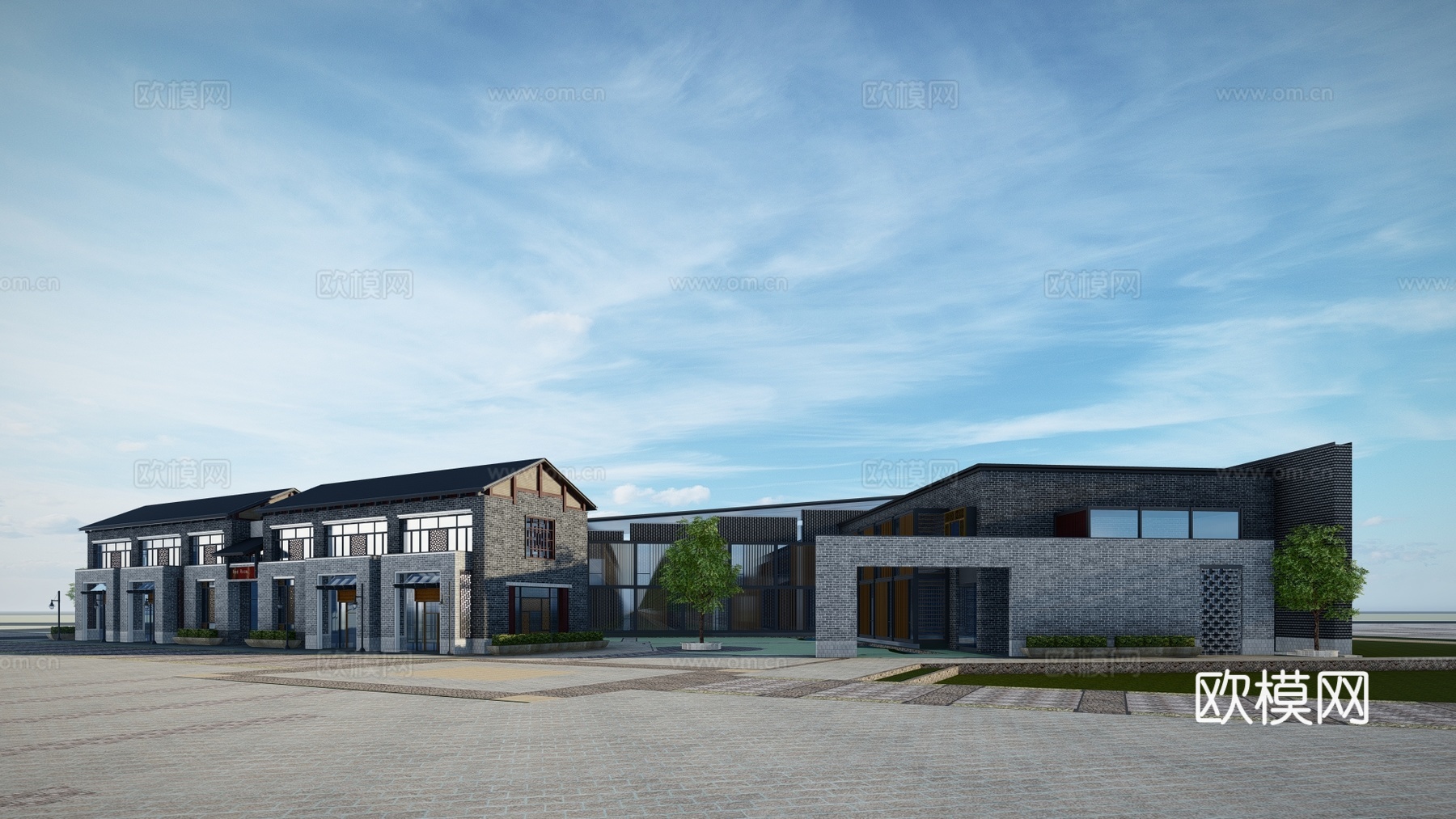 新中式博物馆建筑外观su模型下载