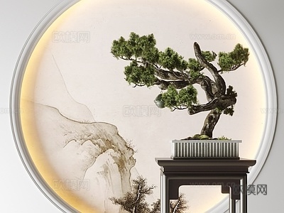 新中式松树盆景盆栽su模型下载
