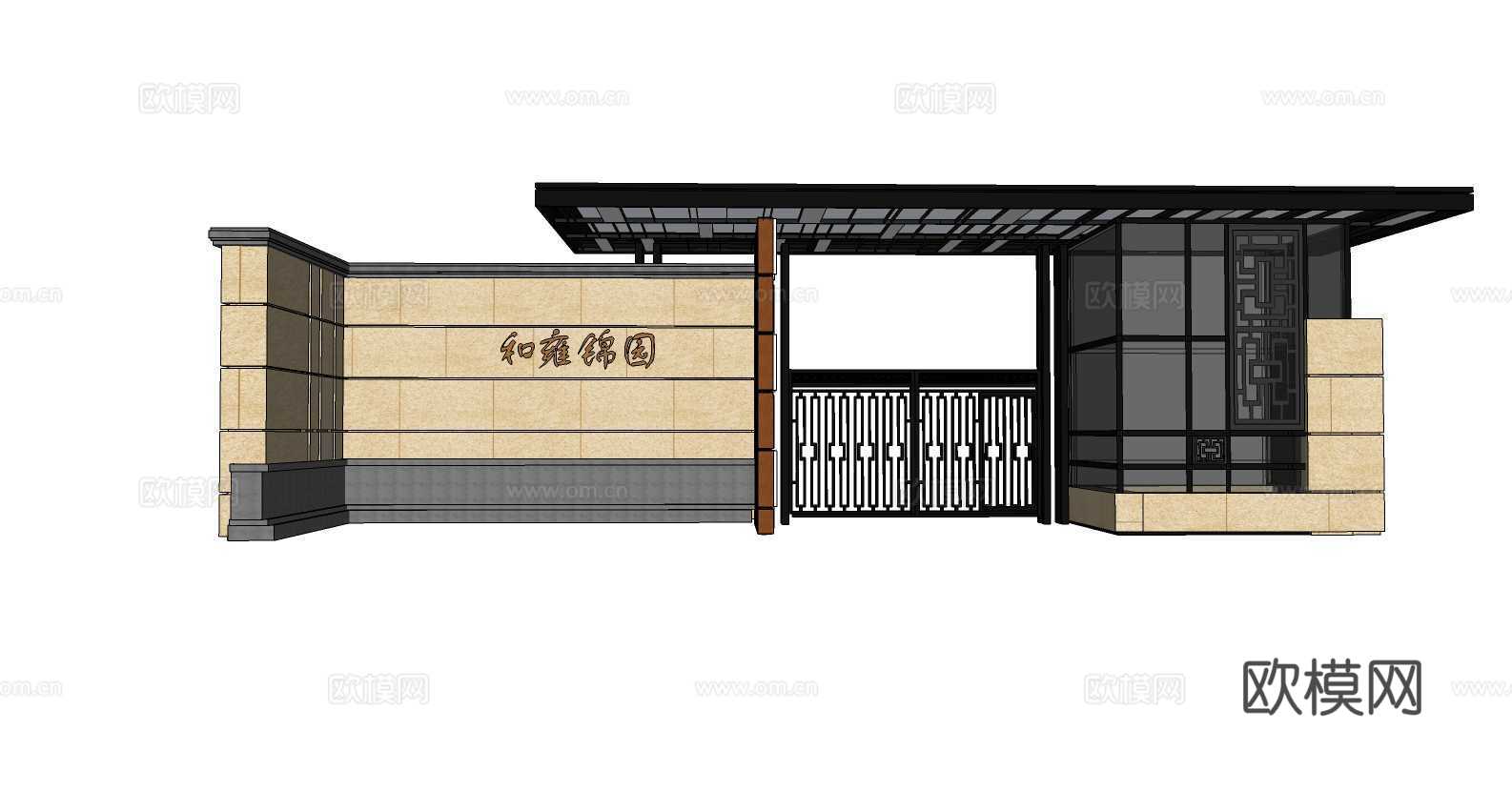 新中式小区大门入口su模型下载