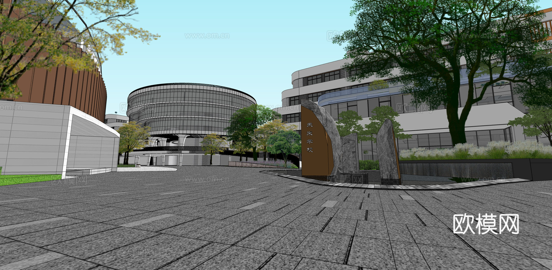 现代学校建筑外观su模型下载