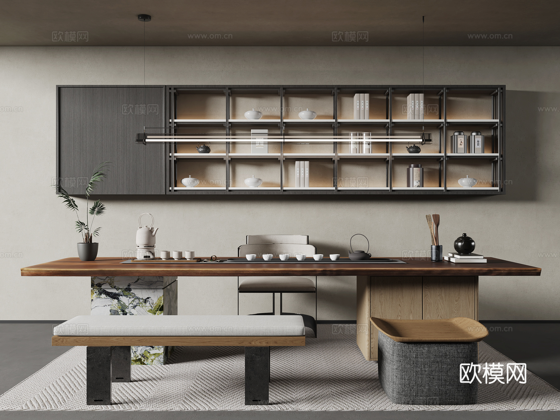 现代茶桌椅组合 茶柜 吊灯 茶具 矮凳 地毯3d模型