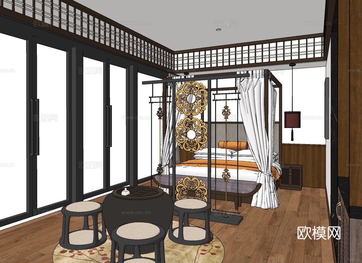新中式酒店客房su模型下载